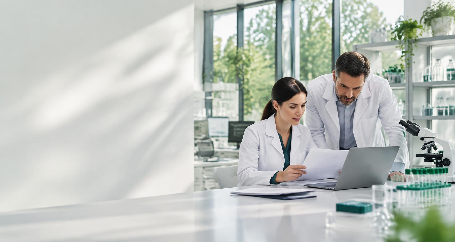 Clinical researchers reviewing source documents in a modern laboratory